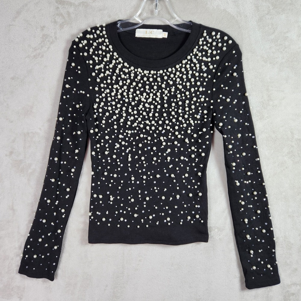 Lizette Collection Top Womens Medium Black Faux Pearl Rhinestone Ribbed Knit